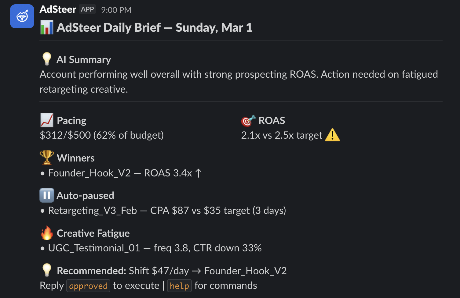 AdSteer Slack morning brief